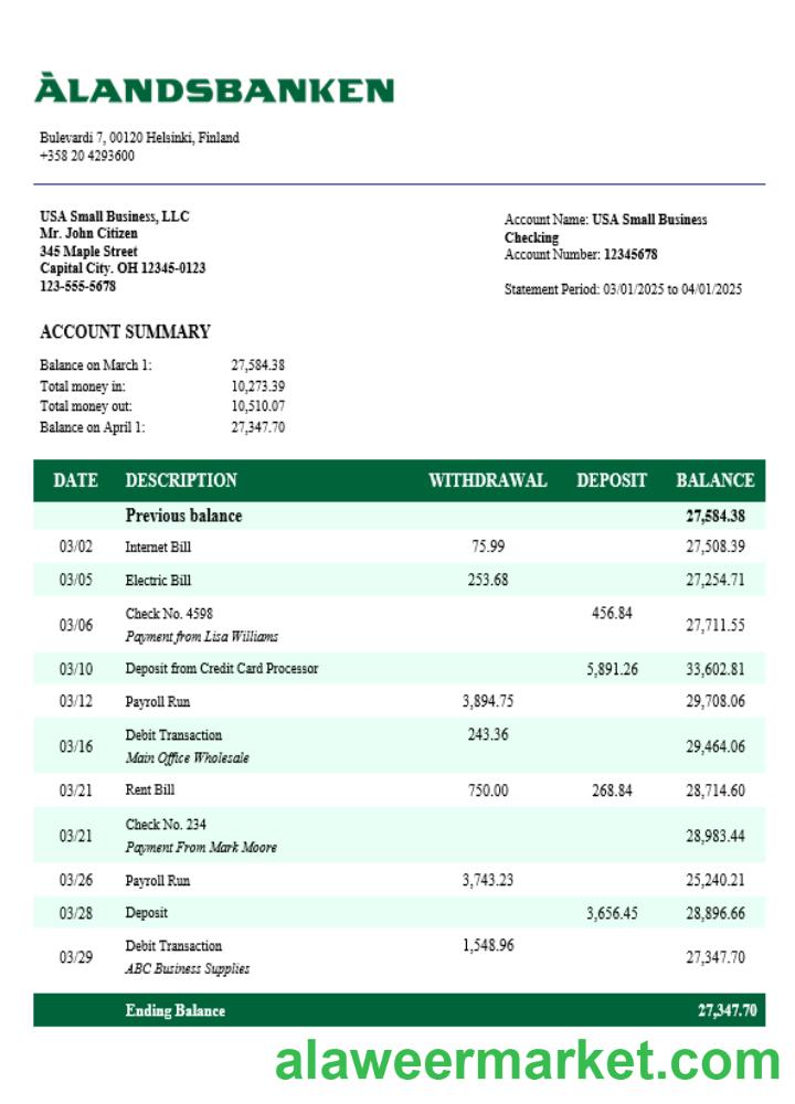 Aland bank firm account statement Word and PDF template